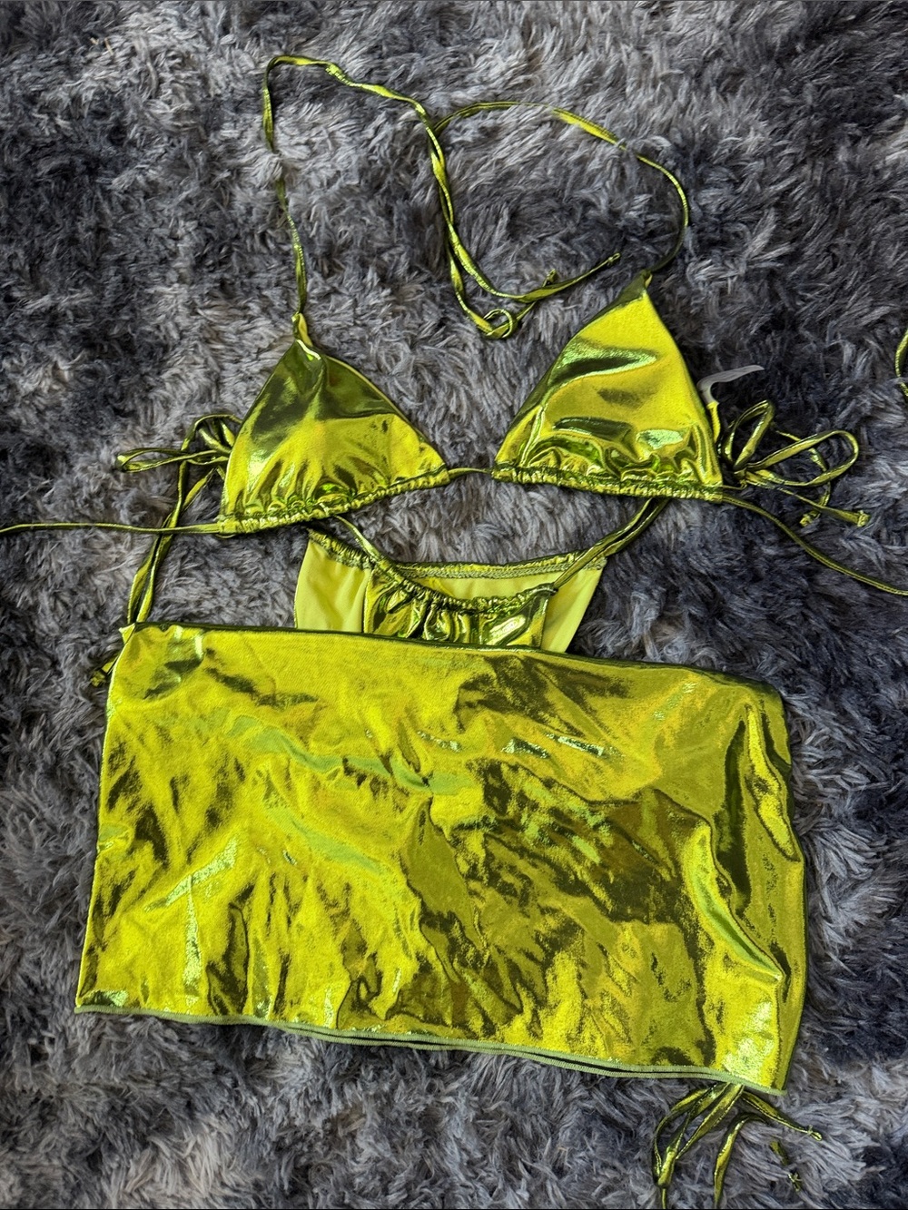Fashion Nova Neon Lime Metallic Triangle Bikini Top & Skirt